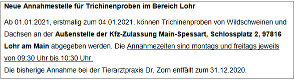 Trichninproben Abgabestelle Lohr