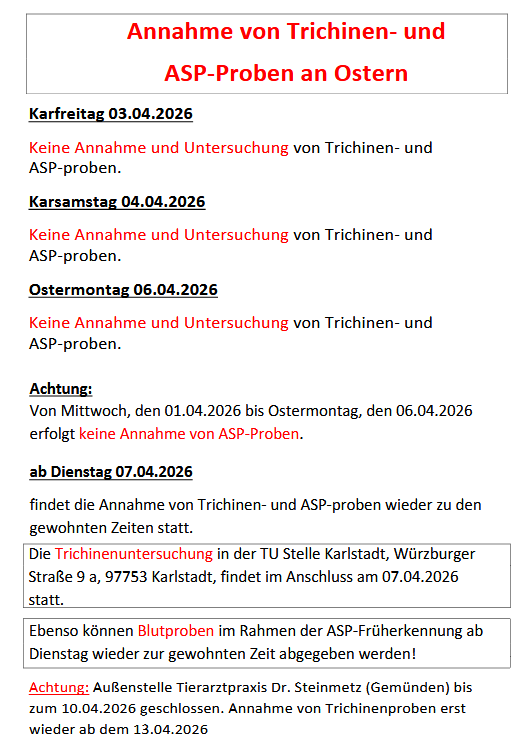 Änderung der Annahmezeiten und Annahmestellen für Trichinenproben an den Osterfeiertagen 2026